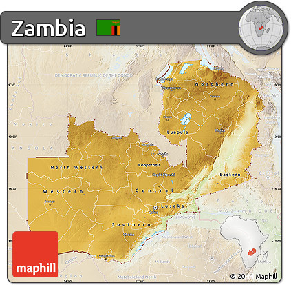 Physical Map of Zambia, lighten
