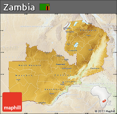 Physical Map of Zambia, lighten