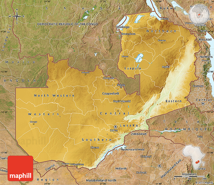 Physical Map of Zambia, satellite outside
