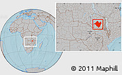 Gray Location Map of Mpika, within the entire country, hill shading