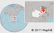 Gray Location Map of Mpika, highlighted country, highlighted parent region, within the entire country, hill shading