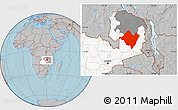 Gray Location Map of Mpika, highlighted country, highlighted parent region, hill shading