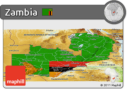 Flag Panoramic Map of Zambia, physical outside, flag rotated