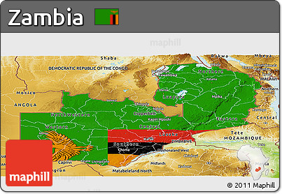 Flag Panoramic Map of Zambia, physical outside, flag rotated