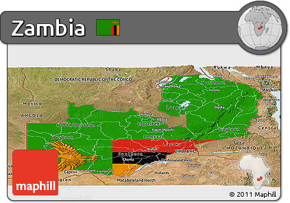 Flag Panoramic Map of Zambia, satellite outside, flag rotated