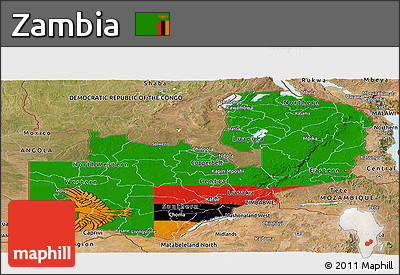 Flag Panoramic Map of Zambia, satellite outside, flag rotated