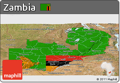 Flag Panoramic Map of Zambia, satellite outside, flag rotated
