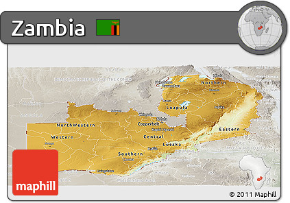 Physical Panoramic Map of Zambia, lighten, semi-desaturated