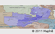 Political Shades Panoramic Map of Zambia, semi-desaturated