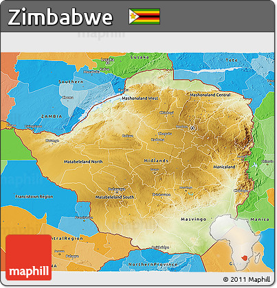 Physical 3D Map of Zimbabwe, political outside