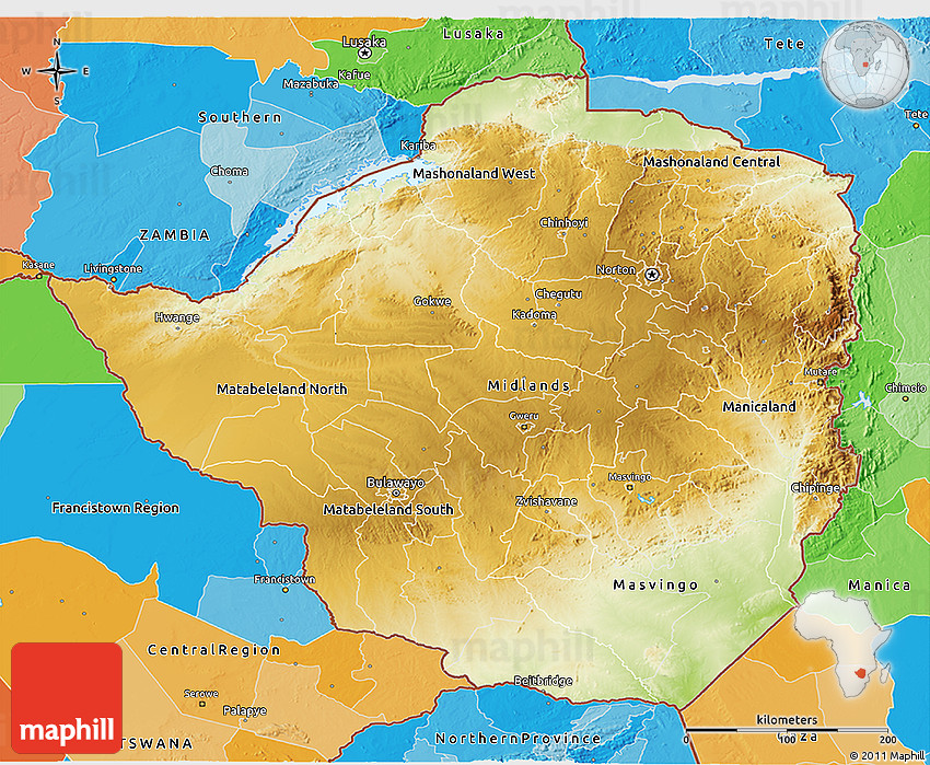 Physical 3D Map of Zimbabwe, political outside