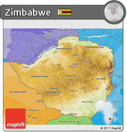 Physical 3D Map of Zimbabwe, political shades outside