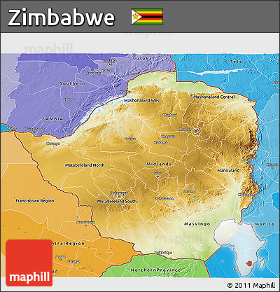 Physical 3D Map of Zimbabwe, political shades outside
