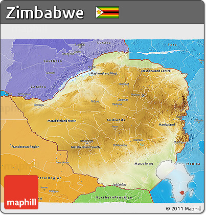 Physical 3D Map of Zimbabwe, political shades outside