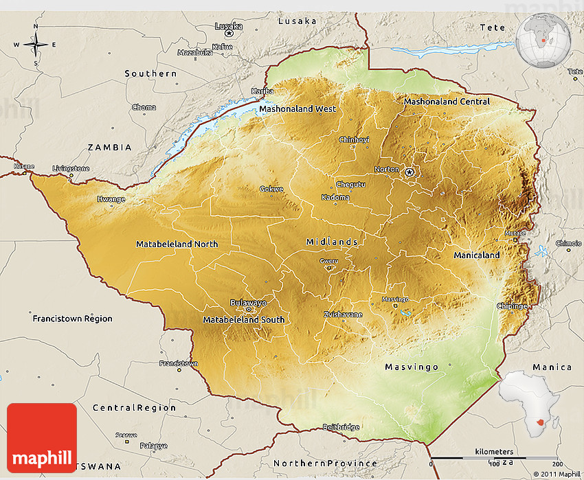 Physical 3D Map of Zimbabwe, shaded relief outside