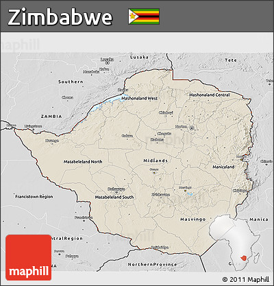 Shaded Relief 3D Map of Zimbabwe, desaturated