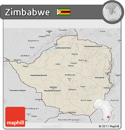 Shaded Relief 3D Map of Zimbabwe, desaturated