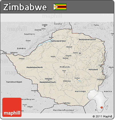 Shaded Relief 3D Map of Zimbabwe, desaturated
