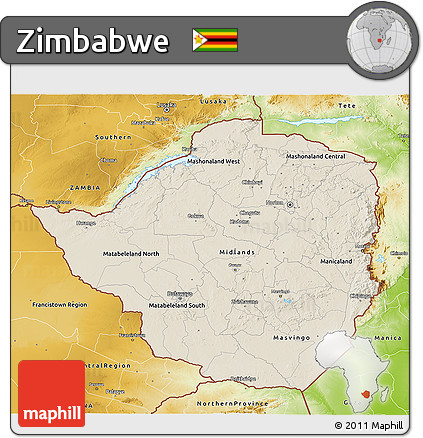 Shaded Relief 3D Map of Zimbabwe, physical outside