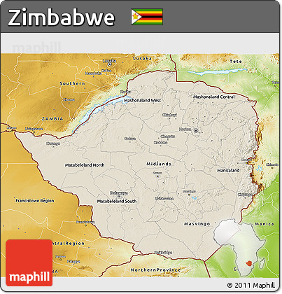 Shaded Relief 3D Map of Zimbabwe, physical outside