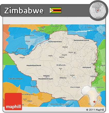 Shaded Relief 3D Map of Zimbabwe, political outside