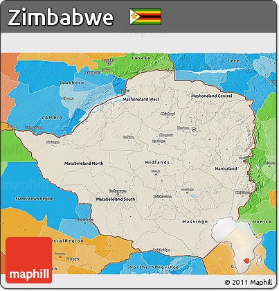 Shaded Relief 3D Map of Zimbabwe, political outside