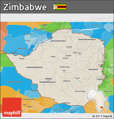 Shaded Relief 3D Map of Zimbabwe, political outside