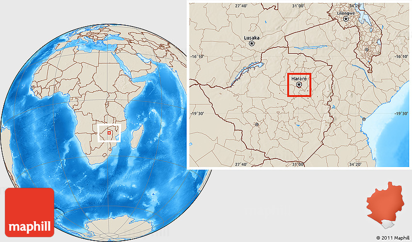 Shaded Relief Location Map of Harare Rural