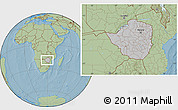 Gray Location Map of Zimbabwe, savanna style outside, hill shading