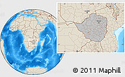 Gray Location Map of Zimbabwe, shaded relief outside, hill shading