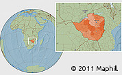 Political Location Map of Zimbabwe, savanna style outside, hill shading