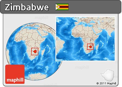Shaded Relief Location Map of Zimbabwe, within the entire continent