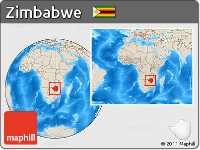 Shaded Relief Location Map of Zimbabwe, within the entire continent