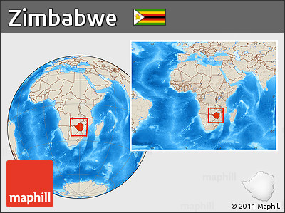 Shaded Relief Location Map of Zimbabwe, within the entire continent