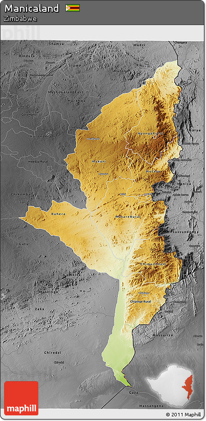 Physical 3D Map of Manicaland, darken, desaturated