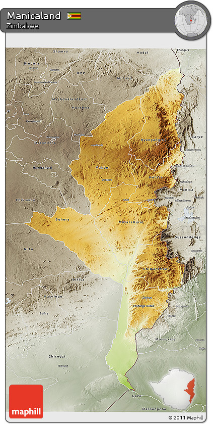 Physical 3D Map of Manicaland, semi-desaturated