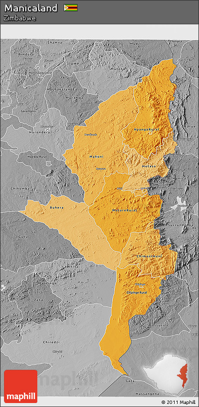 Political Shades 3D Map of Manicaland, desaturated