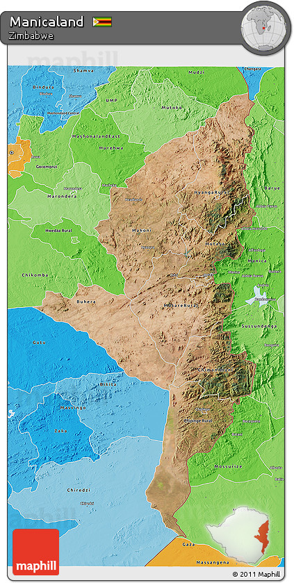 Satellite 3D Map of Manicaland, political shades outside