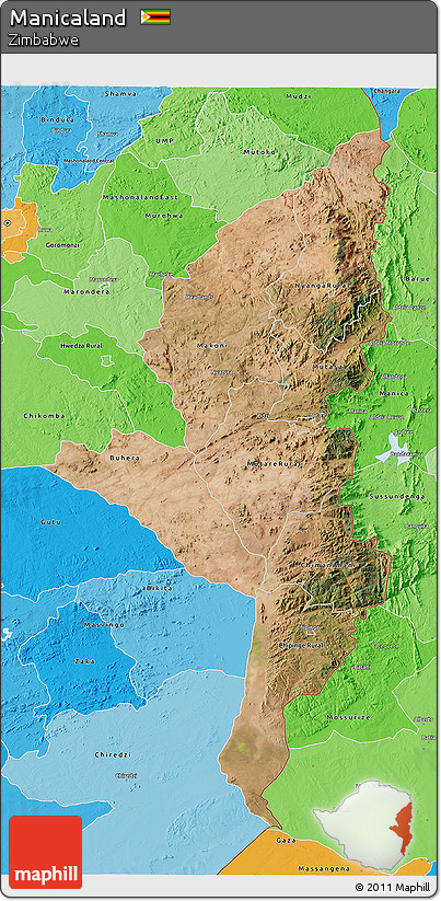 Satellite 3D Map of Manicaland, political shades outside