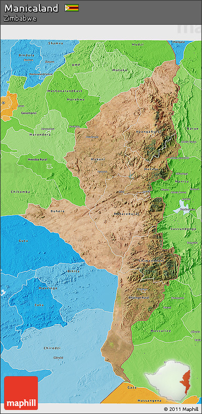 Satellite 3D Map of Manicaland, political shades outside