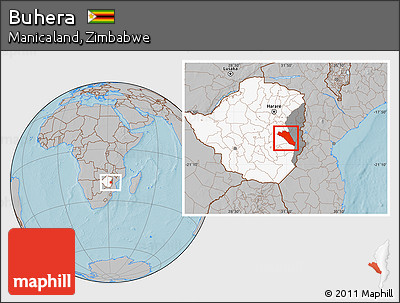 Gray Location Map of Buhera, highlighted country, highlighted parent region, hill shading