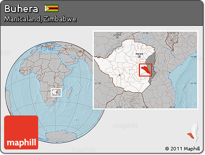 Gray Location Map of Buhera, highlighted country, highlighted parent region, hill shading