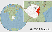 Savanna Style Location Map of Manicaland, highlighted country, hill shading
