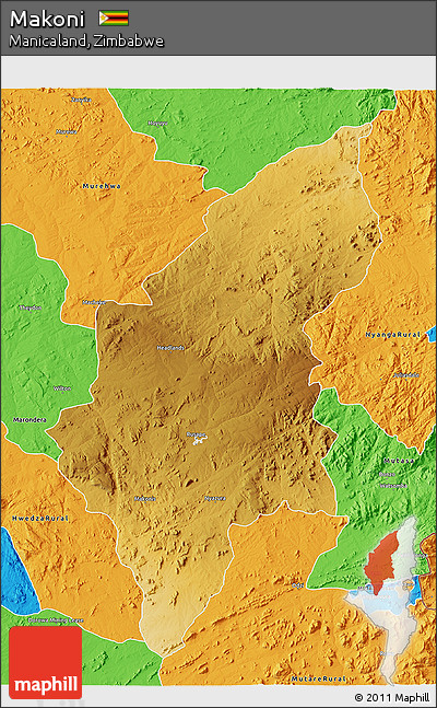 Physical 3D Map of Makoni, political outside