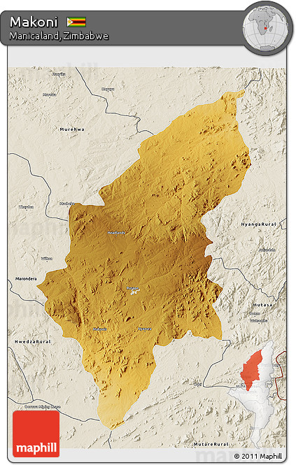 Physical 3D Map of Makoni, shaded relief outside