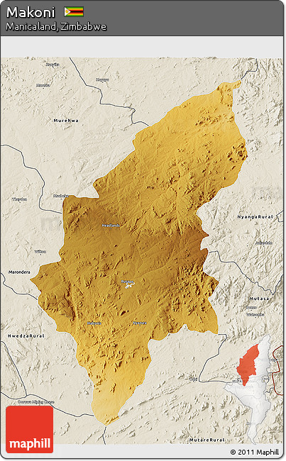 Physical 3D Map of Makoni, shaded relief outside