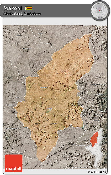 Satellite 3D Map of Makoni, semi-desaturated
