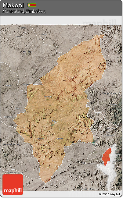 Satellite 3D Map of Makoni, semi-desaturated