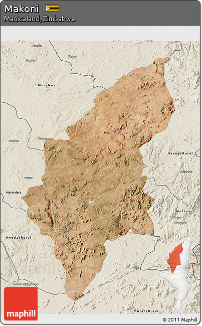 Satellite 3D Map of Makoni, shaded relief outside