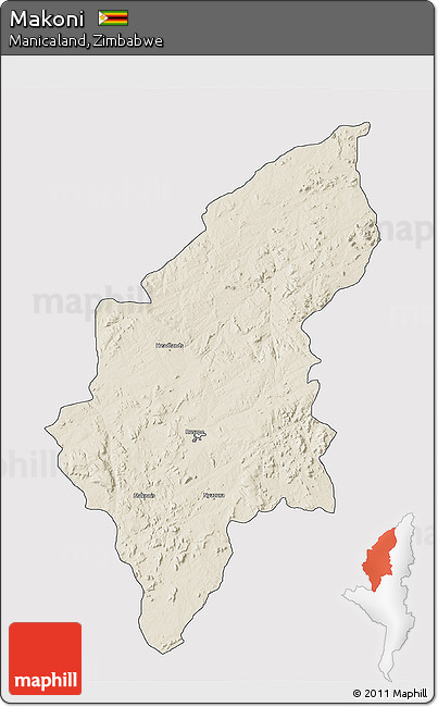 Shaded Relief 3D Map of Makoni, cropped outside